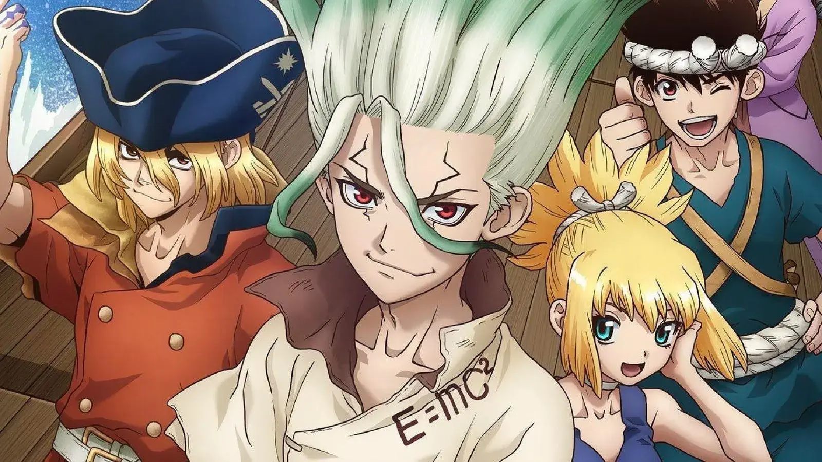 Dr. Stone karakterleri, Senku Ishigami, bilim, bilim kurgu, macera, insanlık, taşlaşma, anime, manga, grup pozu.