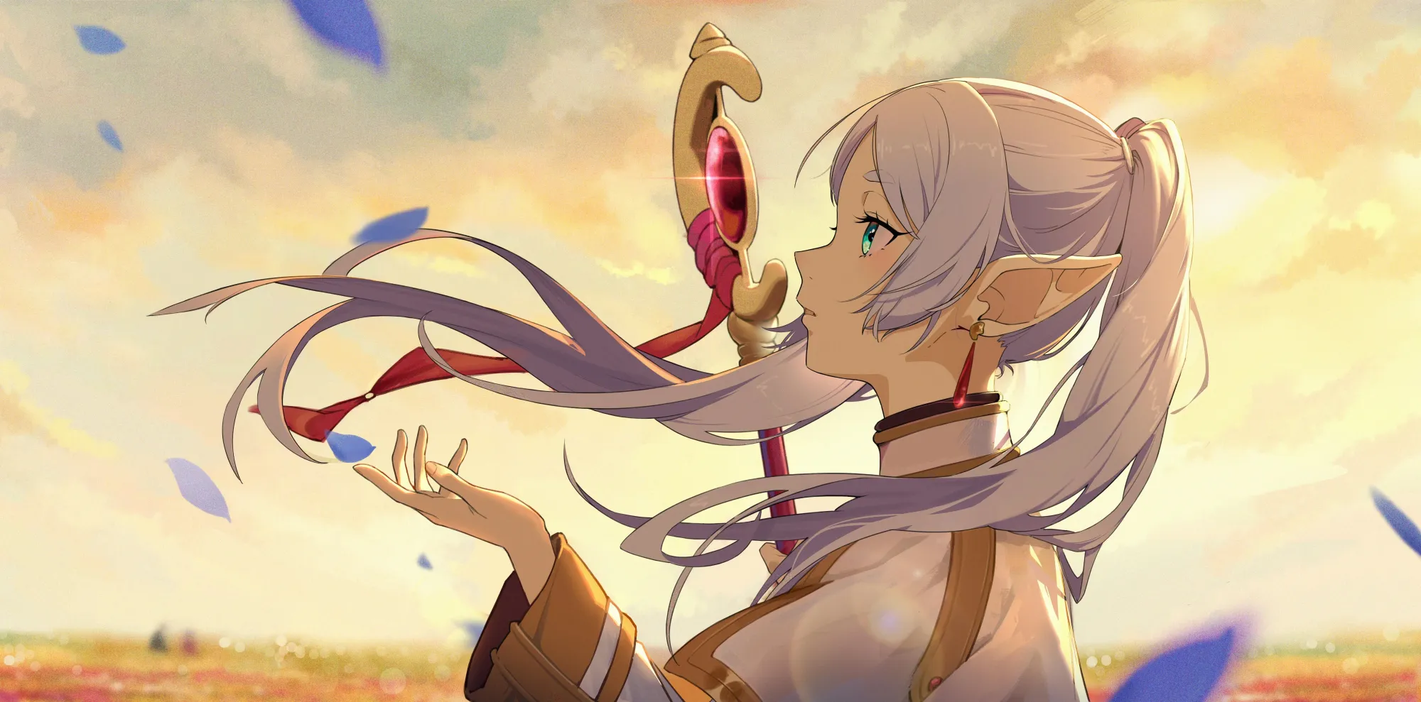 Frieren: Beyond Journey's End (Frieren: Yolculuğun Sonu) anime karakteri Frieren'in yakın çekim portresi.