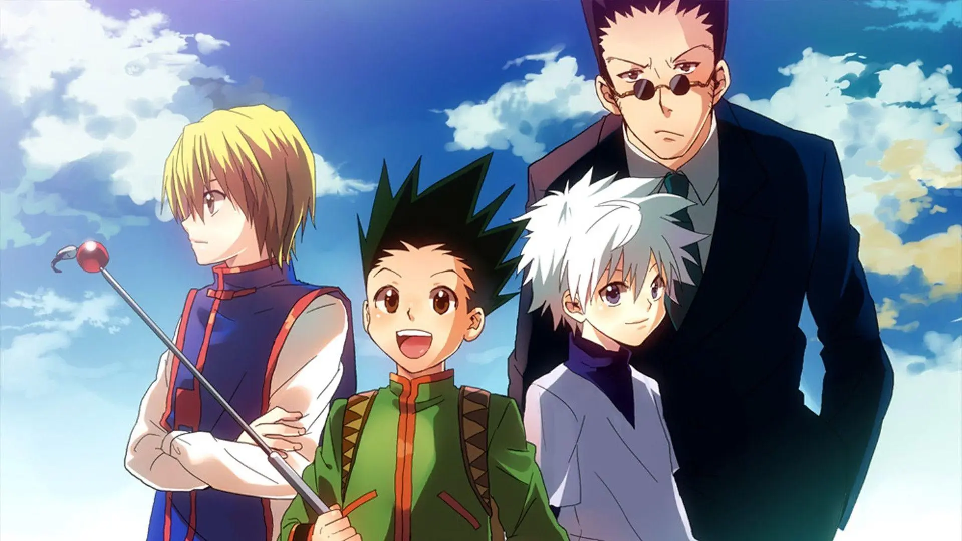 Hunter x Hunter serisi karakterleri, Gon Freecss, Killua Zoldyck, Kurapika ve Leorio Paladiknight bir arada, anime, manga, grup fotoğrafı.