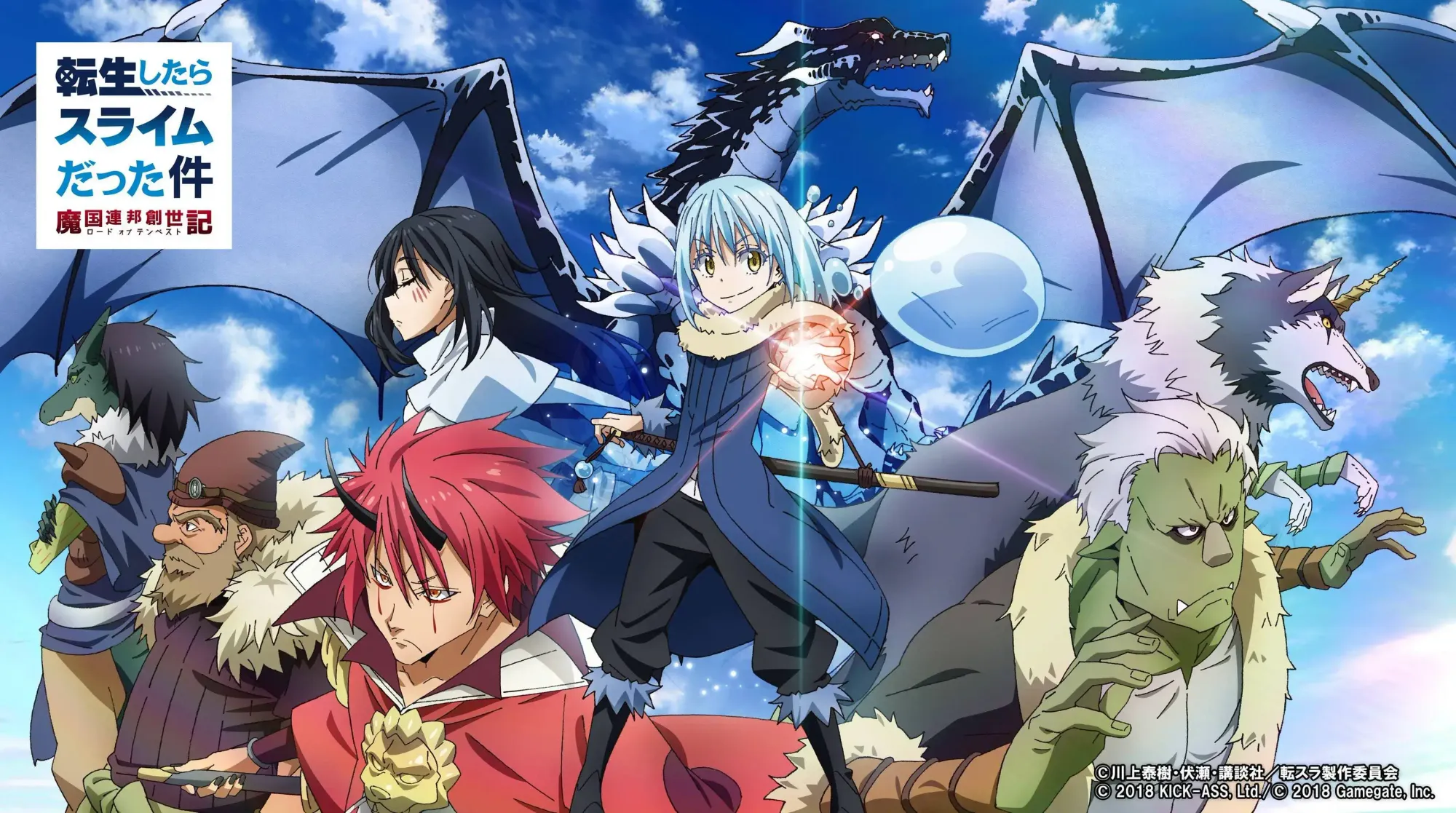 Tensei Shitara Slime Datta Ken anime ve manga serisi karakterleri, Rimuru Tempest, Milim Nava ve diğerleri bir arada, ana görsel.
